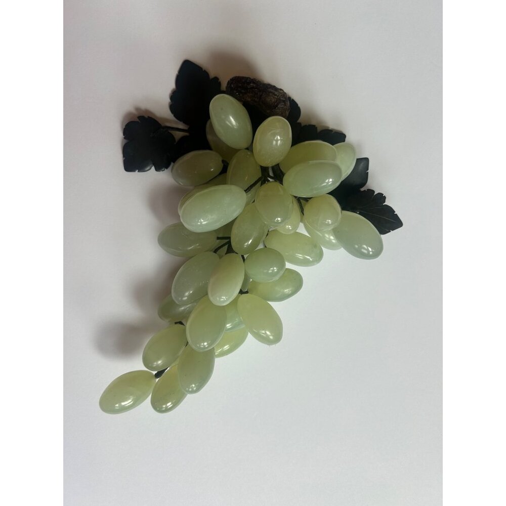 Vintage Jade Grape Cluster With Metal Leaves Decorative Piece